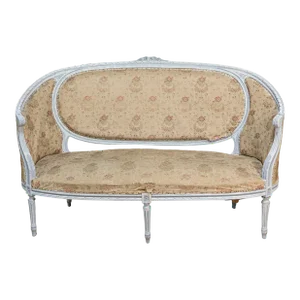 French Louis XVI Style 1900s Light Blue Canapé en Corbeille with Carved Motifs
