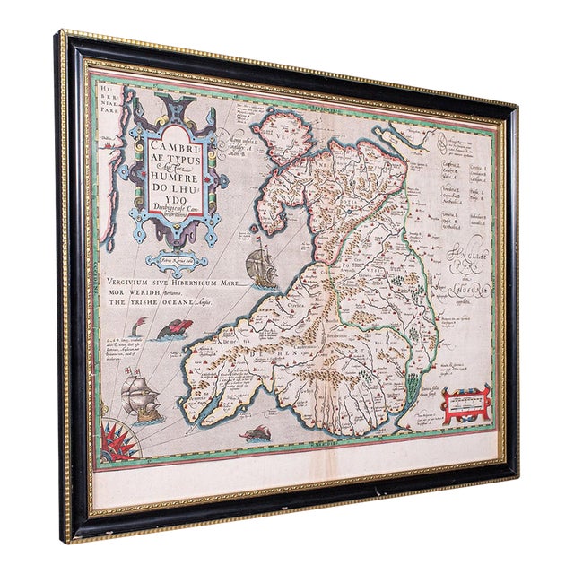 Antique Map of Wales, Belgian, Framed Atlas Excerpt, Elizabethan, Humphrey Llwyd For Sale