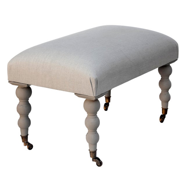 Late 20th Century Late 20th Century Narrow Ottoman in Natural European Linen With Turned Legs on Casters For Sale - Image 5 of 7