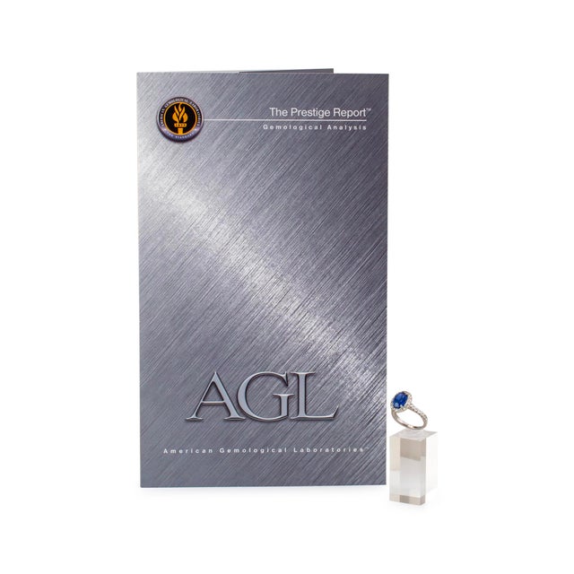 White 14k White Gold Agl Ceylon 3.54ct Oval Sapphire Halo Diamond Cocktail Ring, Size 6 For Sale - Image 8 of 9