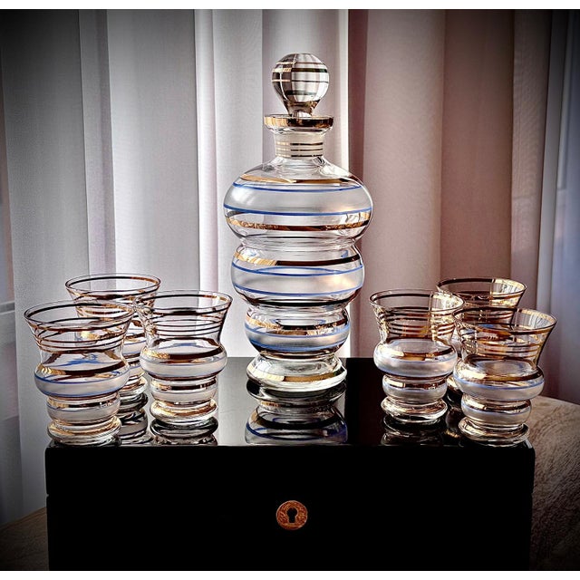 Frosted and Gilt Glass Decanter Set, 1960s, Set of 7 For Sale - Image 9 of 18