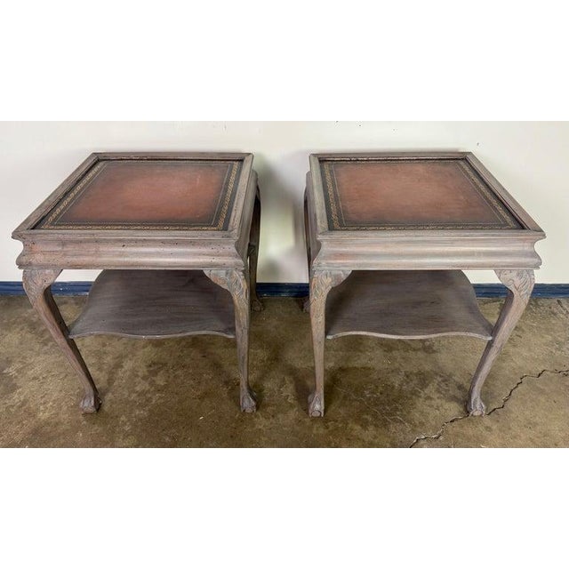 Chippendale Pair of Distressed English Chippendale End Tables, Leather Tops, 1930s For Sale - Image 3 of 15