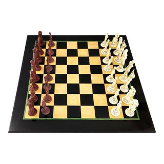 Vintage Marquetry Chess Set With Chinese Figurines For Sale