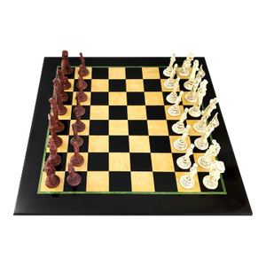 Vintage Marquetry Chess Set With Chinese Figurines
