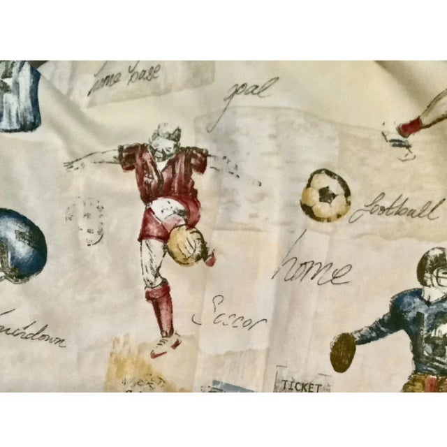 Textile Vintage Varsity Football Print Cotton Curtain Lined Pinch Pleat Drapes For Sale - Image 7 of 12