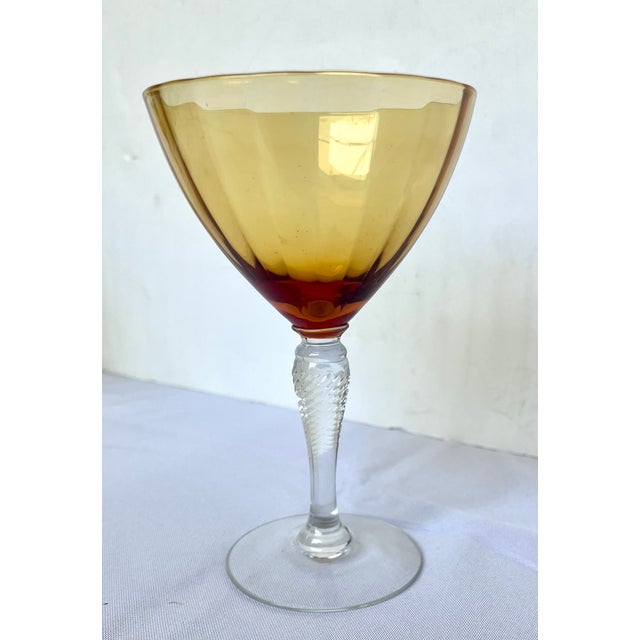1930s Mid-Century Cambridge Glass Amber & Clear Stem Champagne Coupes - Set of 7 For Sale - Image 10 of 18