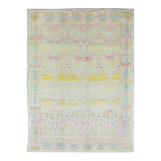 Modern Oushak Yellow Handmade Geometric Designed Pattern Oversize Wool Rug For Sale