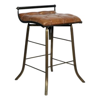 Matthew Izzo Home Seelbach Antique Brass and Tufted Leather Barstool For Sale