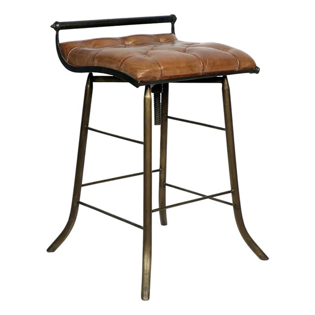 Matthew Izzo Home Seelbach Antique Brass and Tufted Leather Barstool For Sale