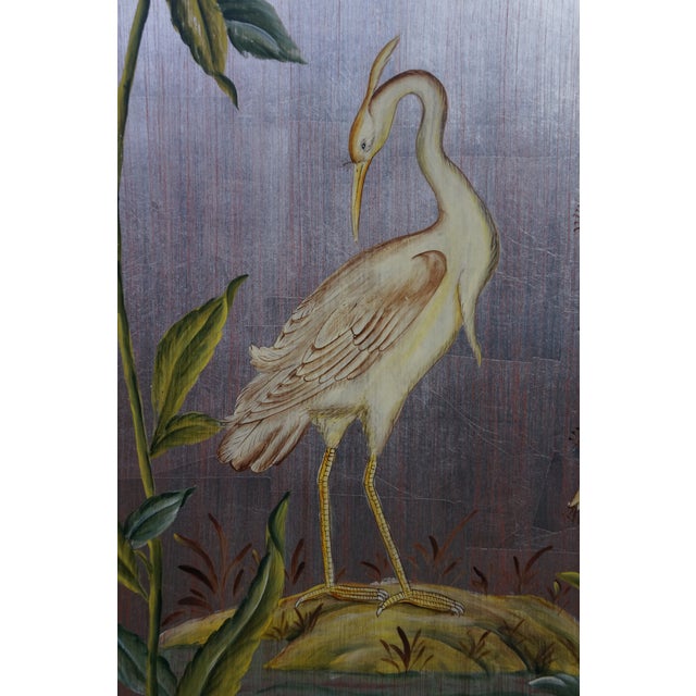 3 Chinoiserie Gold Silver Metallic Tropical Bird Crane Leaf Vine Hanging Panels 63" For Sale - Image 10 of 17