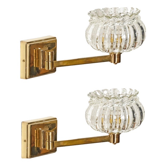 Large Adjustable Murano Glass and Brass Flower Sconces from Barovier, Italy, 1940s, Set of 2 For Sale