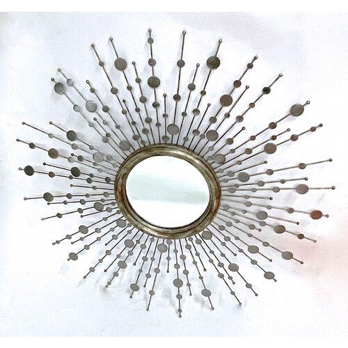 Round vintage stainless steel and wood starburst mirror with varying sized round stainless steel medallions accenting the...