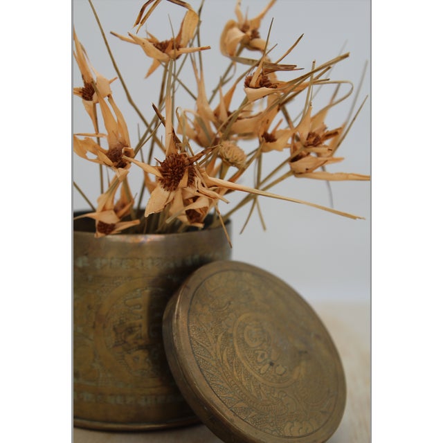 1900s Antique Chinese Brass Tea Canister With Etching Details For Sale - Image 4 of 4