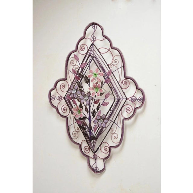Early 20th Century French Victorian Glass Beaded Purple Flower Casket Wreath Wall Sculpture (A) For Sale - Image 12 of 12