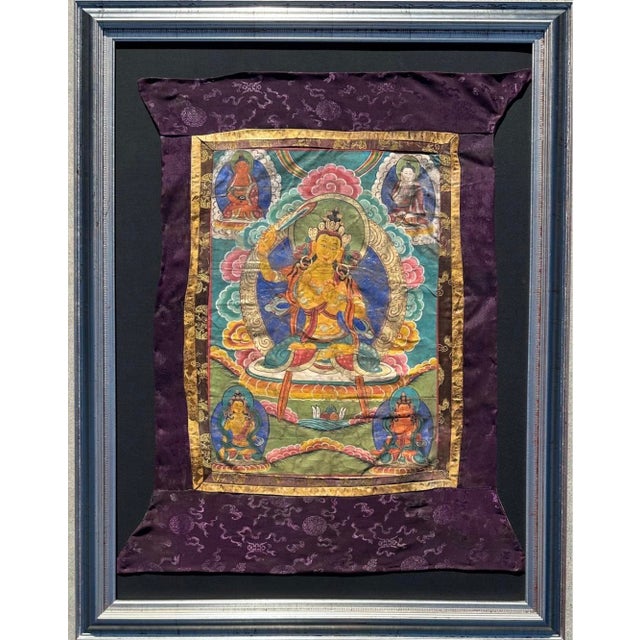 Chinoiserie Antique 19th Century Tibetan Manjushri Thangka – Bodhisattva of Wisdom in Custom Silver Gilt Frame For Sale - Image 3 of 18