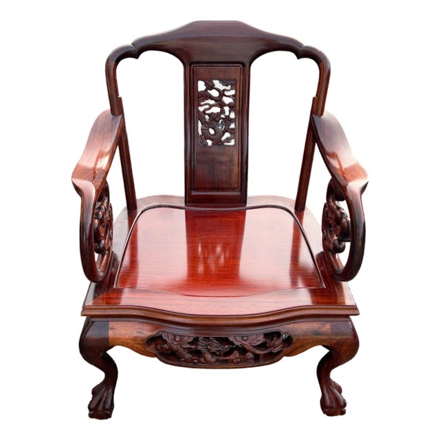 Exquisite Pair of 20th C. Chinese Hand-Carved Rosewood “Imperial Dragon” Armchairs Hongmu Mid Century For Sale