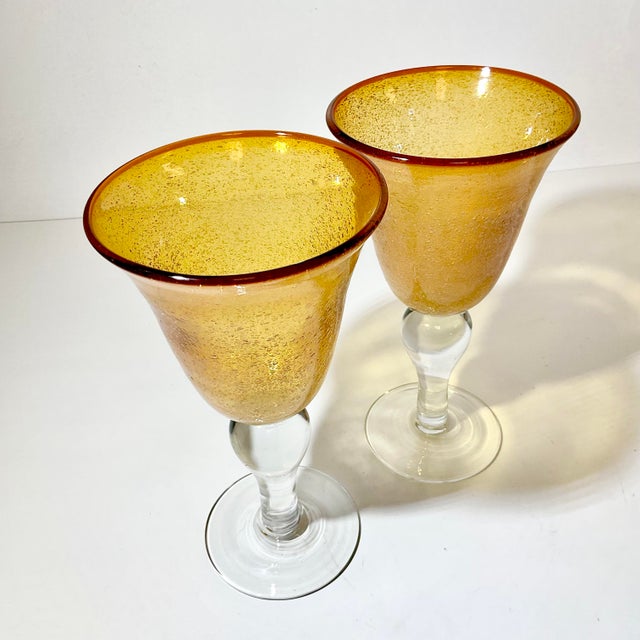 Amber 1980s Vintage Arts & Crafts Handblown Controlled Bubble Glass Wine Goblets - Set of 4. For Sale - Image 8 of 8