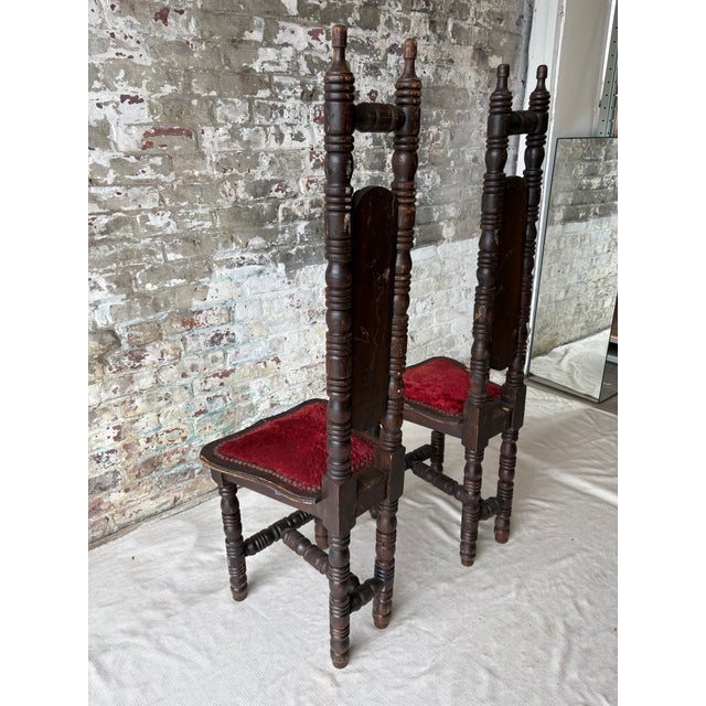 1950s Vintage Spanish Revival Prayer Chairs With Red Velvet Upholstery – Pair For Sale - Image 5 of 18