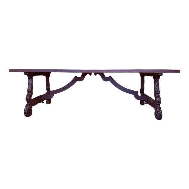 18th Large Spanish Dining or Desk Table with Carved Legs and Iron Stretcher For Sale
