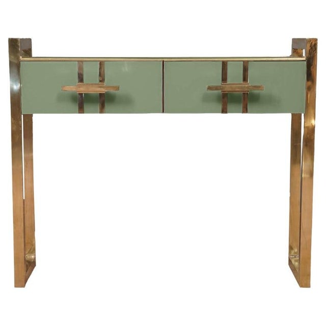 Green Glass Console With Brass Handles and Legs Made in Italy For Sale - Image 6 of 6