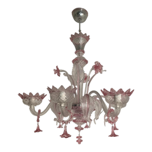 Chandelier in Transparent and Pink Murano-Style Glass With Flower and Leaf Motifs