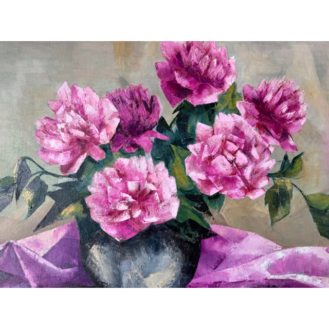 Impressionist 1970's Vintage Still Life of Peonies in a Vase, Oil Painting, Signed For Sale - Image 3 of 10