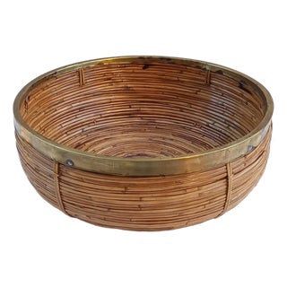 Large Wicker Basket with Brass Edge, 1970s For Sale