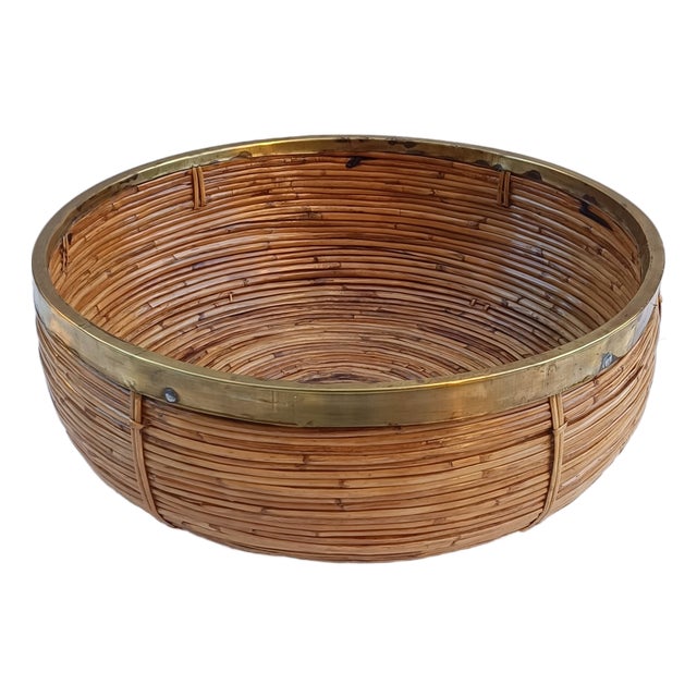 Large Wicker Basket with Brass Edge, 1970s For Sale