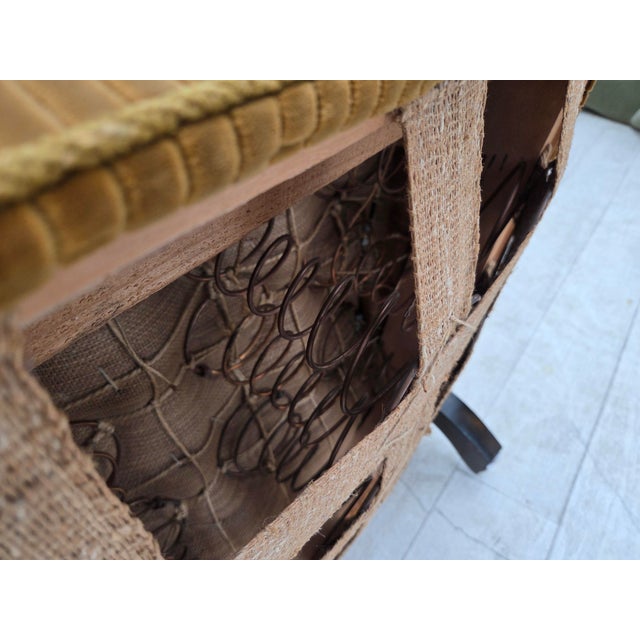 1950s, Danish armchair. Light green/ brown furniture corduroy, beech wood, brass springs in the seat. Chair was...