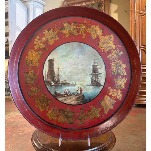 19th Century French Hand-Painted Tole Tray With Harbor Scene For Sale - Image 4 of 8