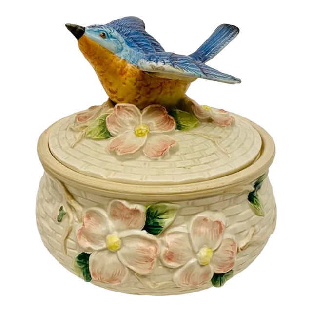 Vintage 1990s Fitz and Floyd Bluebird Dogwood Basket Weave Ceramic Lidded Dish For Sale