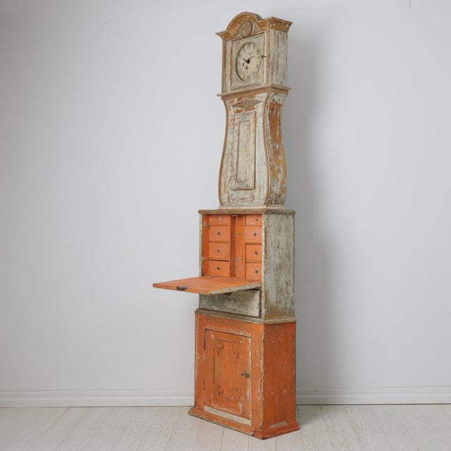 Wood Swedish Narrow Longcase Clock Cabinet with Bureau and Drawers For Sale - Image 7 of 14