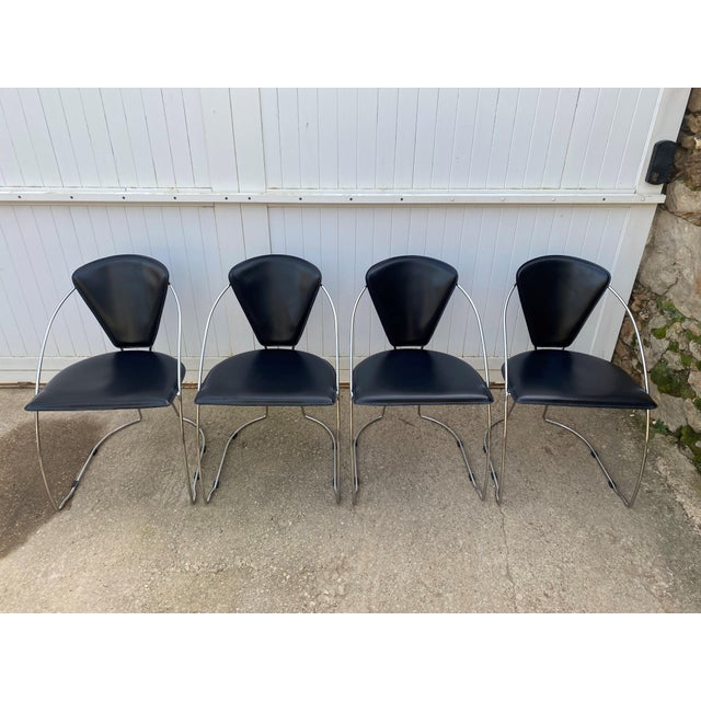 Vintage Linda Armchairs in Black Leather and Chromed Steel Frame by Arrben, 1980s, Set of 4 For Sale - Image 16 of 18