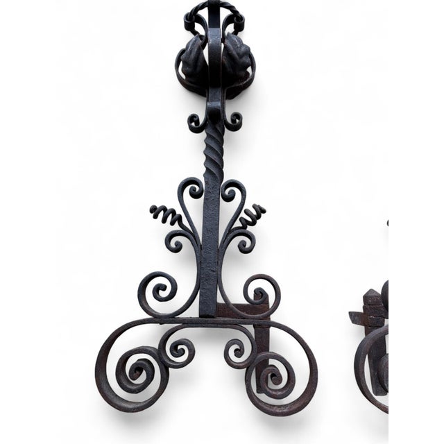 Arts & Crafts Wrought Iron Pair Andirons Basket Top, Scrollwork, Spiral and Twisted Accents
