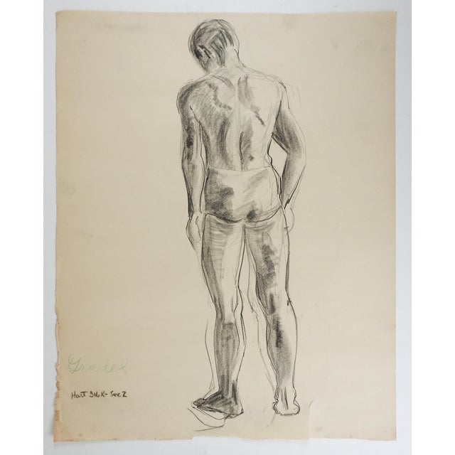 Mid-Century Modern Vintage 1950s Charcoal Standing Male Figure Study Drawing For Sale - Image 3 of 3