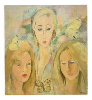 Roland Flory, The Butterflies, 3 Women's Faces, Oil Painting on Panel, 1975