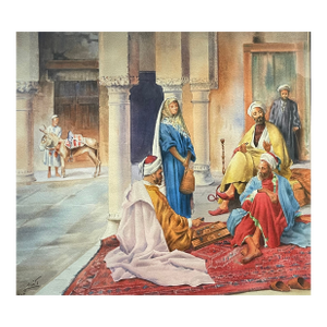 An Iranian Watercolor on Paper Painting Depicting of Persians Playing Backgammon Game