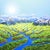 This artwork presents a vibrant, textured landscape where rivers carve through a lush, green delta, leading toward...