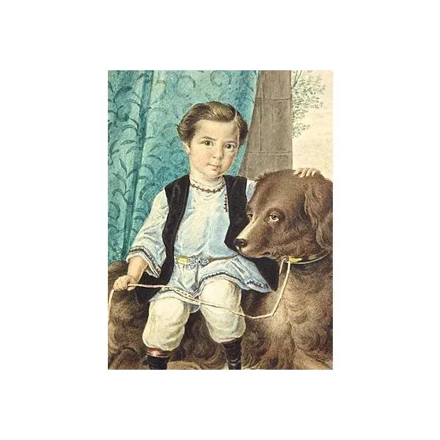 English Antique Boy & Dog Portrait Watercolor Painting For Sale - Image 3 of 3