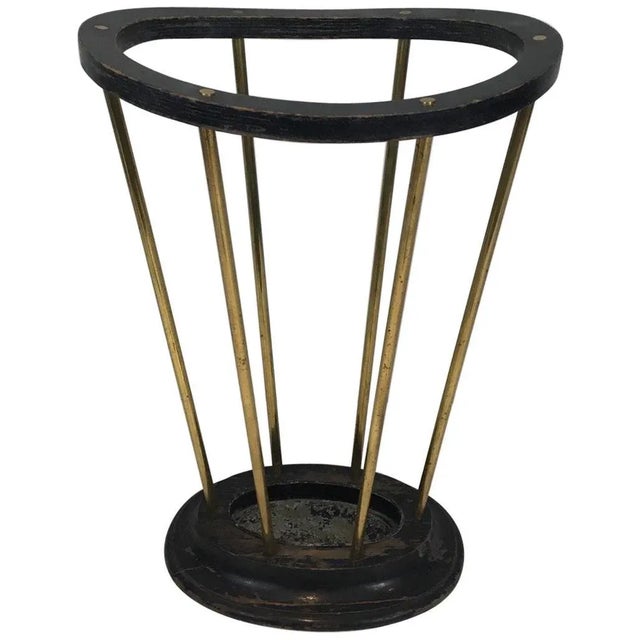 Attributed to Jacques Adnet, Ebonized Wood and Brass Umbrella Stand For Sale - Image 13 of 13
