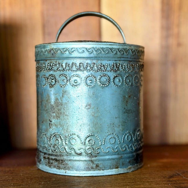 Set of 3, Rare Antique Pennsylvania Primitive Canisters | Hand Punched Tinware For Sale - Image 9 of 12