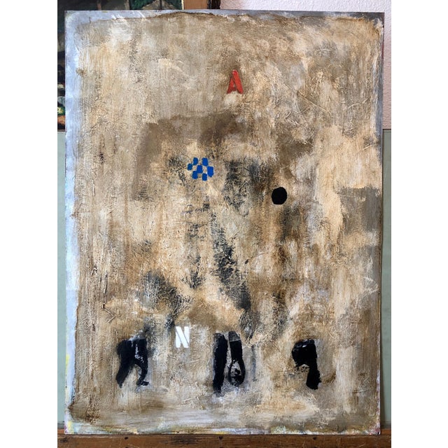 Brown French Pop Art Modernist Textured Painting Abstract With Stencilled Letters, c.1980 For Sale - Image 8 of 8