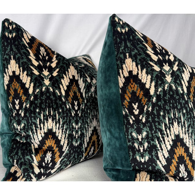 Custom pair of 22" pillows covered in Romo "Lolana Velvet" In Indian Green and backed in a coordinating solid green...