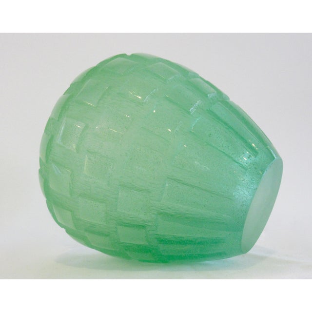 Daum France Crystal "Pate De Crystal," Celadon Green Geometric Raised Relief "Rhythmns," Vase/Vessel For Sale - Image 16 of 18