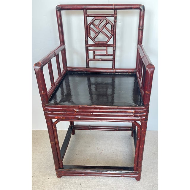 Antique Qing Dynasty Chinoiserie Fretwork Bamboo Rose Chairs a-Pair For Sale - Image 11 of 17