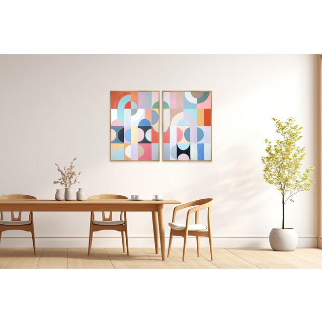 2026, Art Deco Painting Diptych, Celestial Bodies, Geometric Bauhaus Patterns on Paper, Pastel Tones Palette by Natalia Roman For Sale In Miami - Image 6 of 10