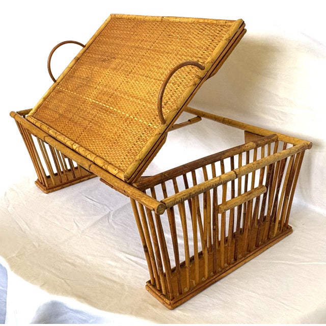 Groovy bamboo bedroom tray table from the 1970's. It's made of bamboo with a woven inlay rattan on the tray. It has a tilt...