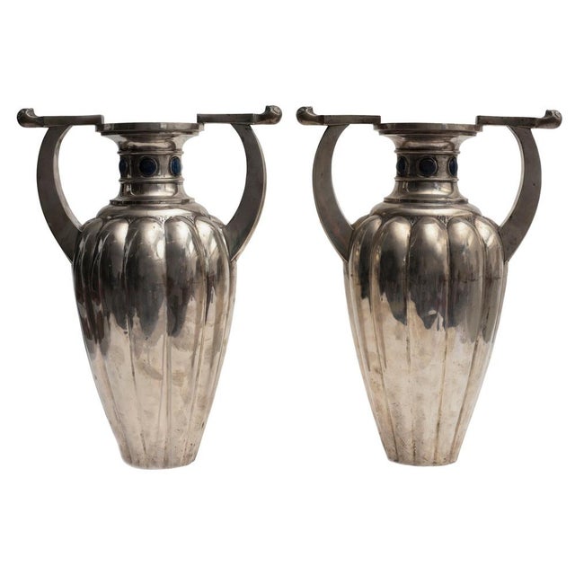 Metal Antique Silver Fluted 800 Vases by Bellotto, Italy, Set of 2 For Sale - Image 7 of 7