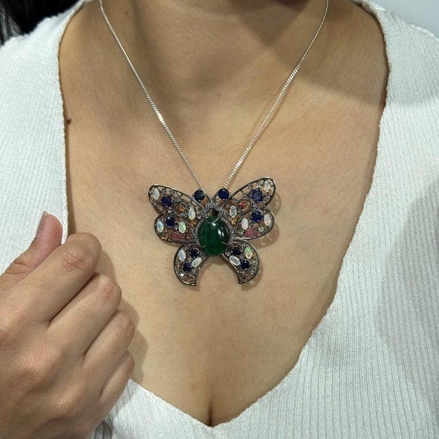 17.62 Carat Multi-Gemstone and Diamond Butterfly Brooch Pendant in Sterling Silver For Sale - Image 11 of 13