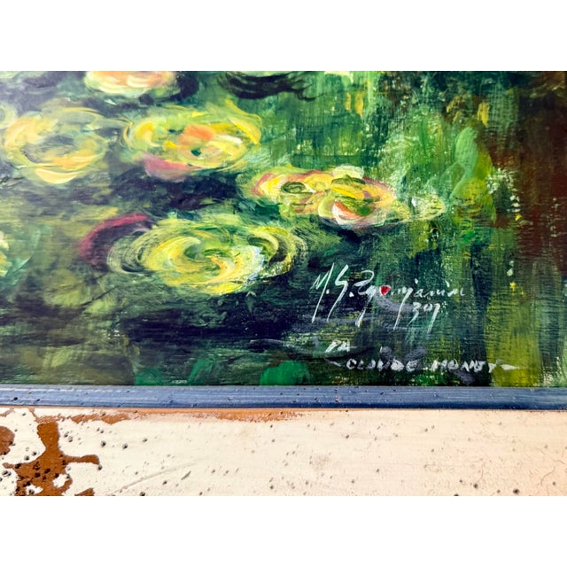 Shabby Chic Cream Distressed French Trumeau Mirror With Original Signed Water Lily Painting For Sale - Image 3 of 5